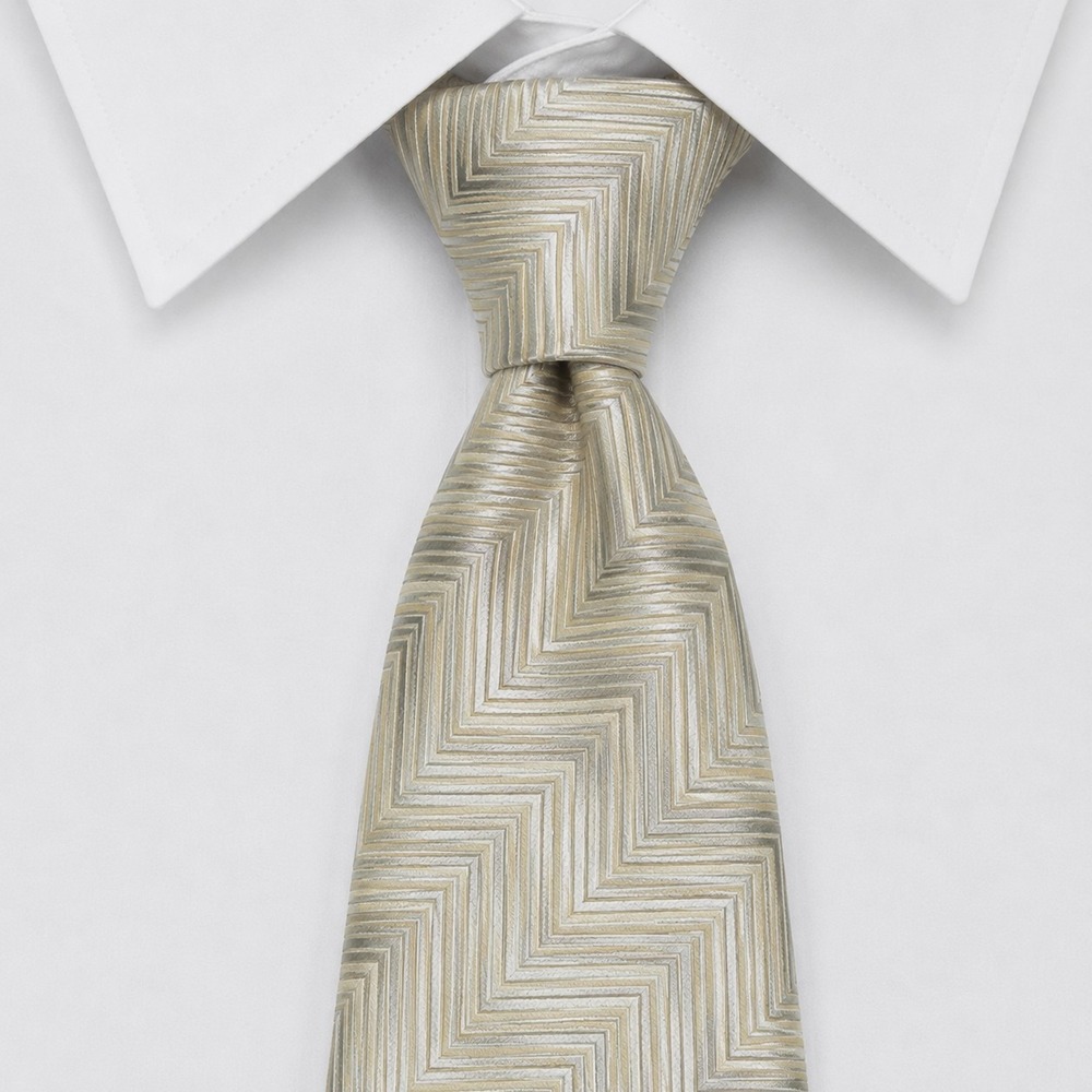 Ermenegildo Zegna Silk Tie Mens OS Champagne Silver Chevron Geometric Italian